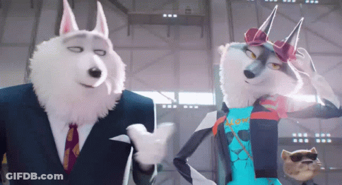 A Husky And A Fox Are Standing Next To Each Other In A Room GIF