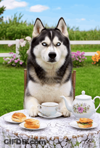 A Husky Dog Sitting At A Table With A Cup Of Tea GIF