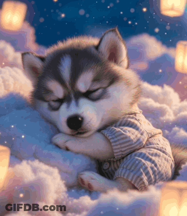 A Husky Puppy In Pajamas Is Sleeping On A Cloud GIF
