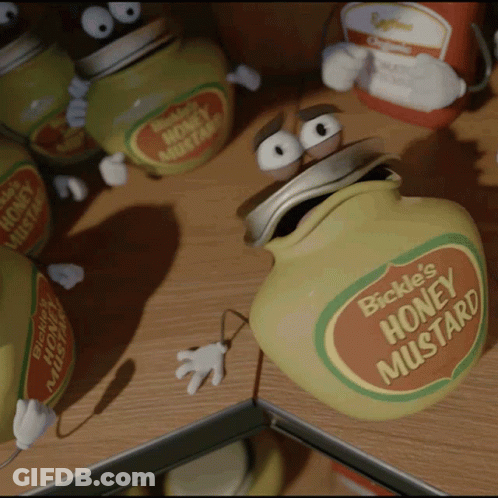 A Jar Of Bickel 'S Honey Mustard With A Cartoon Face On It GIF