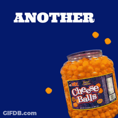 A Jar Of Cheese Balls On A Blue Background With The Words Another Barrel GIF