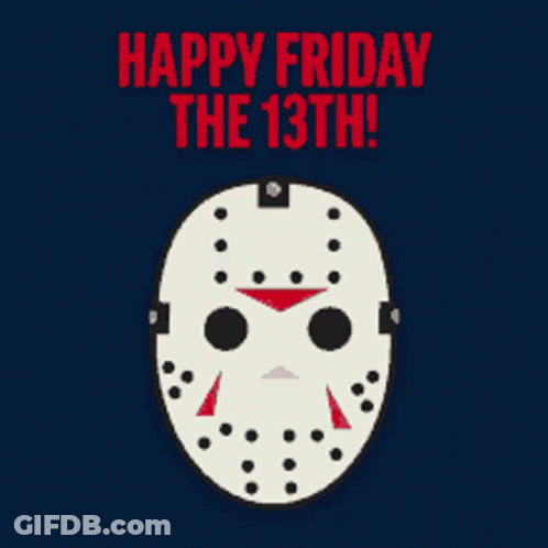 A Jason Voorhees Mask With The Words Happy Friday The 13Th GIF