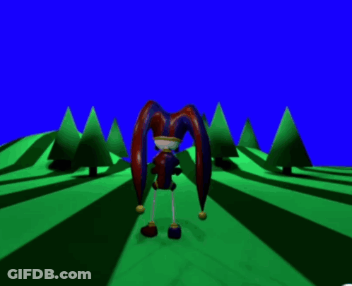 A Jester Cartoon Character Is Standing In Front Of Trees GIF