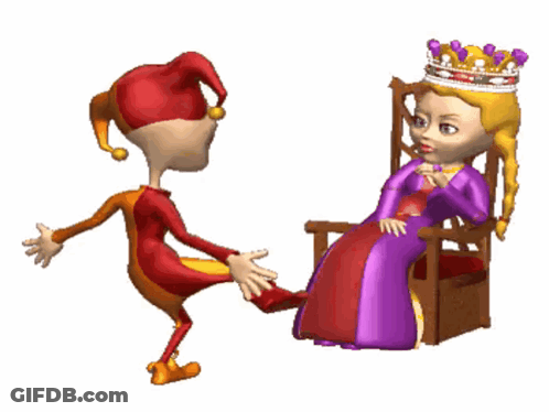 A Jester Is Standing Next To A Princess In A Chair GIF