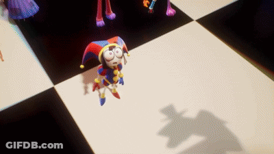 A Jester Is Standing On A Checkered Floor Next To A Shadow Of A Top Hat . GIF