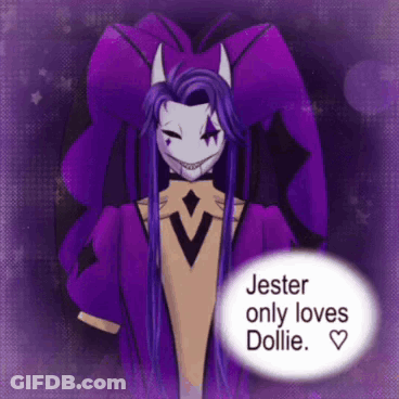 A Jester With Long Purple Hair And Horns Is Wearing A Purple Suit And A Purple Mask . GIF