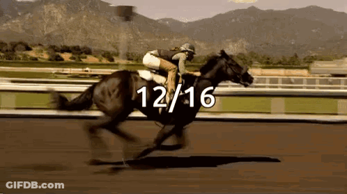 A Jockey Is Riding A Horse On A Race Track With The Number 12/16 Written On The Bottom GIF