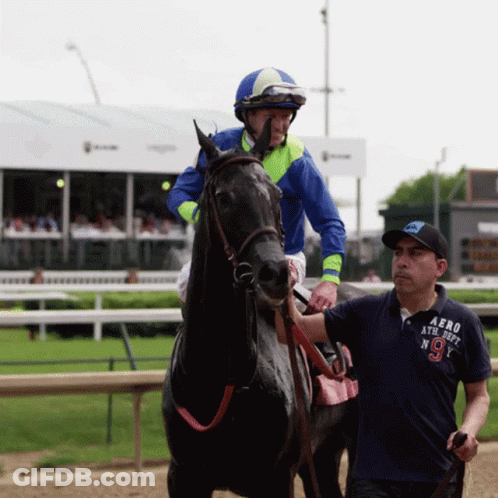 A Jockey Wearing A Blue Shirt That Says Aero Athletic On It GIF