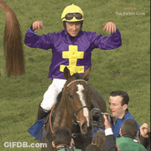 A Jockey Wearing A Purple Shirt With A Yellow Cross On It GIF