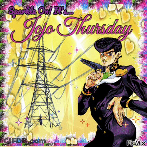 A Jojo Thursday Greeting Card With A Man In A Purple Suit GIF