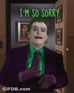 A Joker Says I 'M So Sorry While Wearing A Purple Suit And Tie GIF