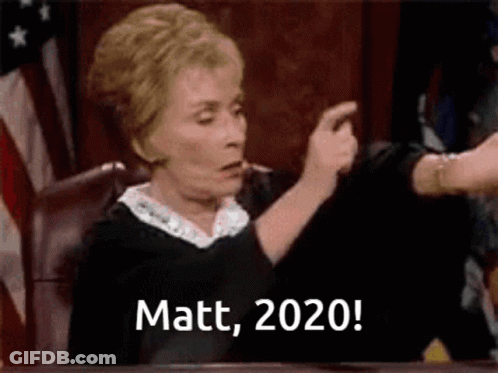 A Judge Is Sitting At A Desk And Pointing At Someone With The Words Matt , 2020 Written On The Screen . GIF