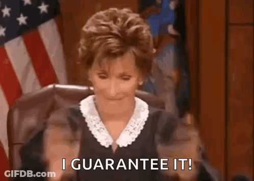 A Judge Is Sitting In A Courtroom With Her Hands In The Air And Saying `` I Guarantee It '' . GIF