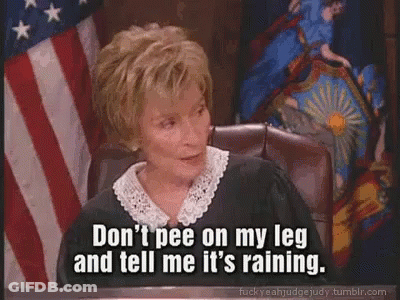 A Judge Says " Don 'T Pee On My Leg And Tell Me It 'S Raining " In Front Of An American Flag . GIF