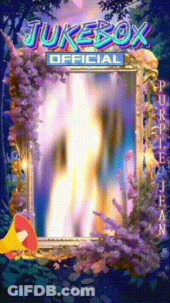 A Jukebox Official Purple Jean Poster With A Waterfall In The Background GIF