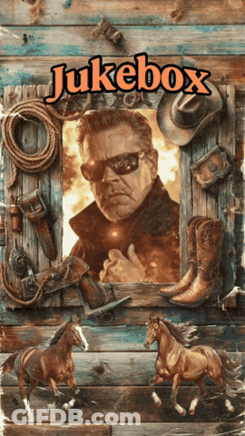 A Jukebox Poster With A Picture Of A Cowboy And Horses GIF