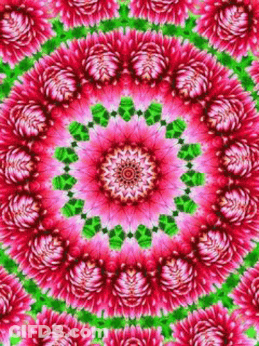 A Kaleidoscope Of Pink And Green Flowers In A Circular Pattern . GIF