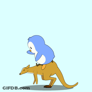 A Kangaroo Is Jumping In The Air With A Penguin Behind It GIF