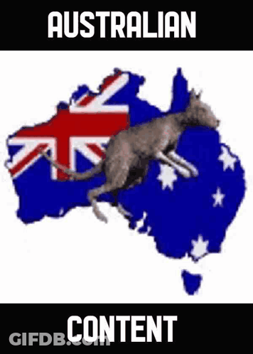 A Kangaroo Is Jumping Over A Map Of Australia With The Australian Flag Behind It . GIF