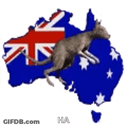 A Kangaroo Is Jumping Over A Map Of Australia With The Australian Flag In The Background . GIF