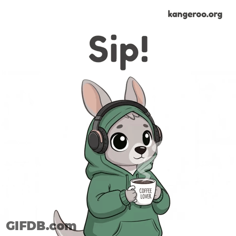 A Kangaroo Wearing Headphones Is Holding A Cup Of Coffee That Says Coffee Lover On It GIF