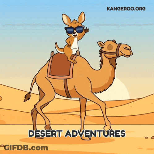 A Kangaroo Wearing Sunglasses Is Riding On The Back Of A Camel In The Desert GIF