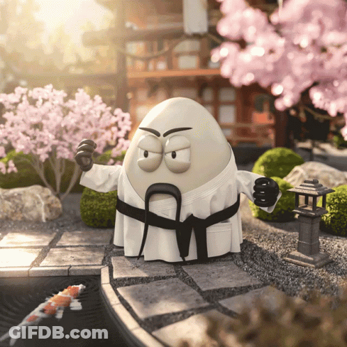 A Karate Egg Is Standing In A Garden With Flowers GIF