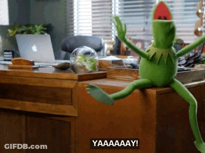 A Kermit The Frog Is Sitting On A Desk And Says Yaaaaay GIF