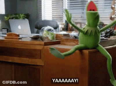 A Kermit The Frog Is Sitting On A Desk With His Legs Crossed And A Watermelon On His Head . GIF