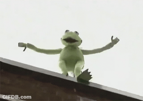 A Kermit The Frog Is Sitting On The Edge Of A Building . GIF