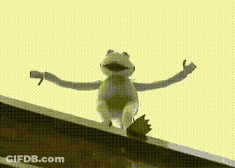 A Kermit The Frog Is Standing On A Ledge With His Arms Outstretched . GIF