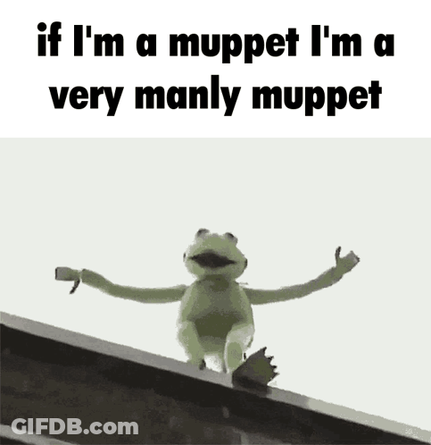 A Kermit The Frog Is Standing On A Railing With The Words If I 'M A Muppet GIF