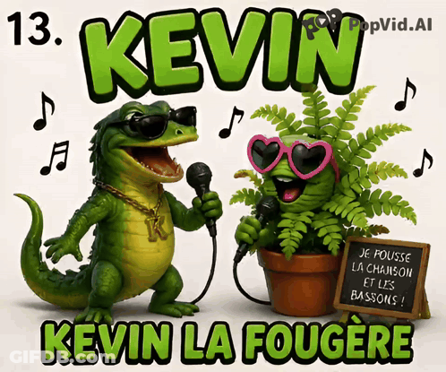 A Kevin La Fougere Poster With A Cartoon Lizard Singing Into A Microphone GIF