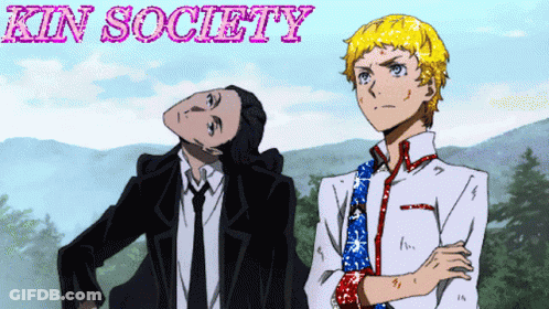 A Kin Society Poster With Two Anime Characters GIF