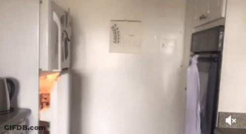 A Kitchen With A Calendar Hanging On The Wall And A Sound Button On The Counter GIF
