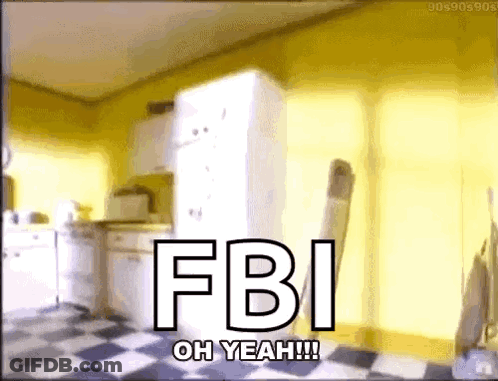 A Kitchen With The Words Fbi Oh Yeah Written On It GIF