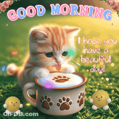 A Kitten Drinking From A Cup Of Coffee With The Words Good Morning Written On It GIF