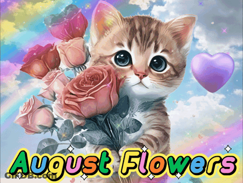 A Kitten Is Holding A Bouquet Of Roses With The Words August Flowers Written Below It GIF