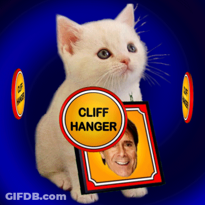 A Kitten Is Holding A Sign That Says Cliff Hanger On It GIF