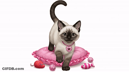 A Kitten Is Playing With A Fish On A Pink Pillow GIF