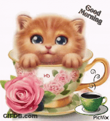 A Kitten Is Sitting In A Cup Of Coffee Next To A Rose And A Cup Of Coffee . GIF