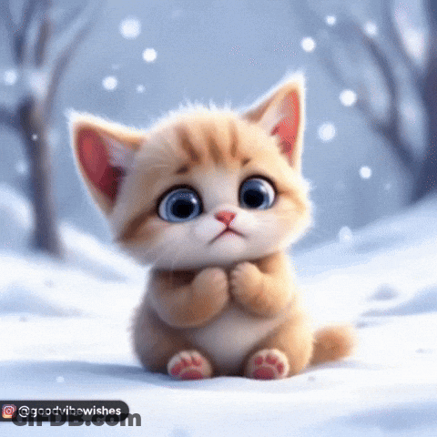 A Kitten Is Sitting In The Snow With Its Paws Crossed GIF