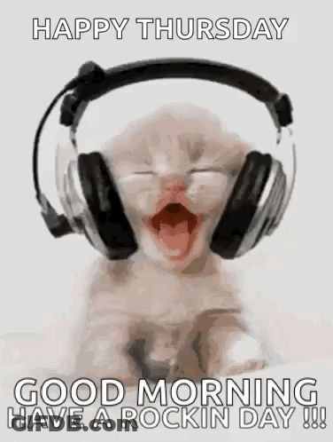 A Kitten Wearing Headphones Is Yawning And Saying `` Happy Thursday Good Morning Have A Rockin Day ! '' GIF