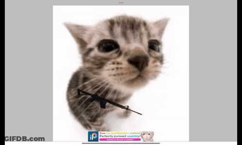 A Kitten With A Gun In Its Mouth Is On A White Background With An Advertisement For Photoshop GIF