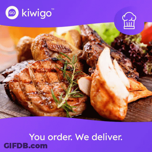 A Kiwigo Ad With A Picture Of Meat And Vegetables GIF