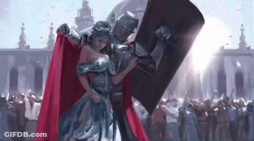 A Knight And A Princess Are Standing Next To Each Other Holding A Shield . GIF