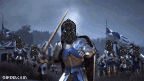 A Knight Holding A Sword And Shield Stands In Front Of A Group Of Soldiers GIF
