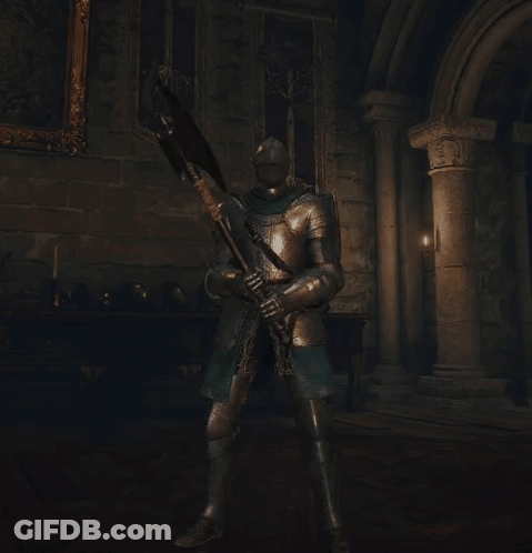 A Knight In Armor Is Holding A Large Sword In A Dark Room GIF
