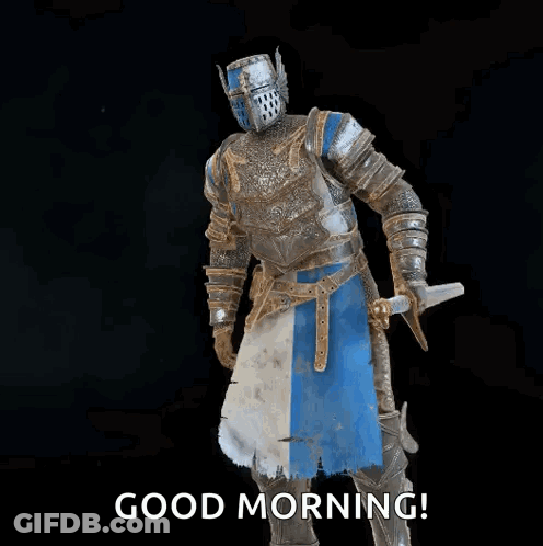 A Knight In Armor Is Holding A Pole And Says Good Morning ! GIF