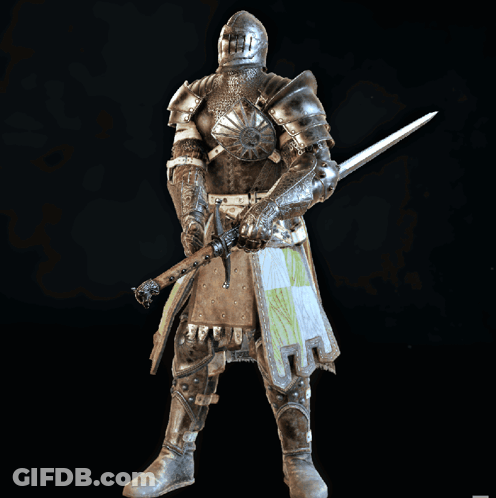A Knight In Armor Is Holding A Sword In His Right Hand GIF